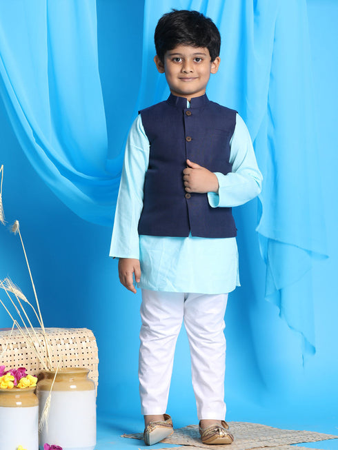 Vastramay Boy's Navy Blue Solid Jacket With Aqua Blue Kurta and White Pyjama Set