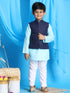 Vastramay Boy's Navy Blue Solid Jacket With Aqua Blue Kurta and White Pyjama Set
