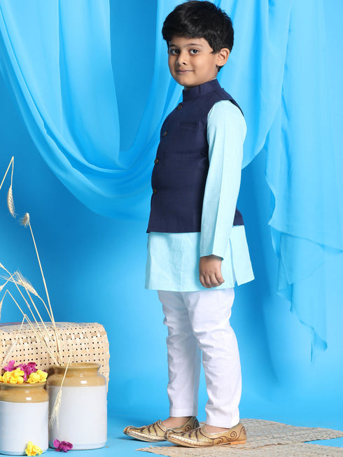 Vastramay Boy's Navy Blue Solid Jacket With Aqua Blue Kurta and White Pyjama Set