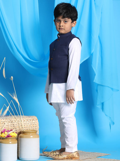 Vastramay Boy's Navy Blue Solid Nehru Jacket With White Kurta Pyjama set