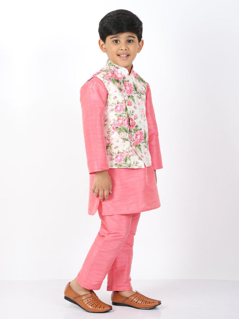 Vastramay Boys Floral Printed Nehru Jacket With Silk Blend Solid Kurta Pyjama Set