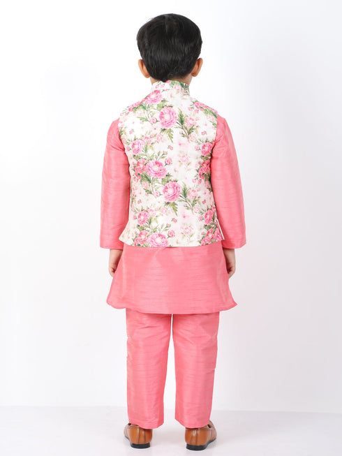 Vastramay Boys Floral Printed Nehru Jacket With Silk Blend Solid Kurta Pyjama Set