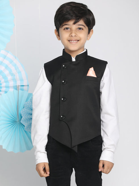 Vastramay Black Cotton Blend Twill Nehru Jacket