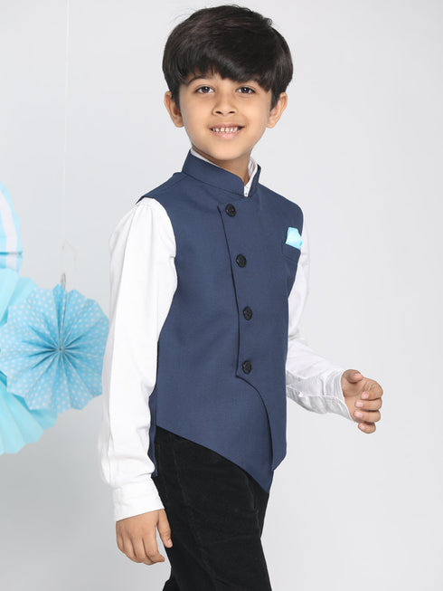 Vastramay Boys Navy Blue Solid Slim-Fit Satin Nehru Jacket