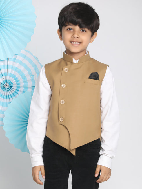 Vastramay Beige Cotton Blend Twill Nehru Jacket