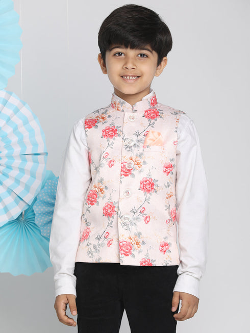 Vastramay Boys Multicolor Base Peach Floral Printed Nehru Jacket