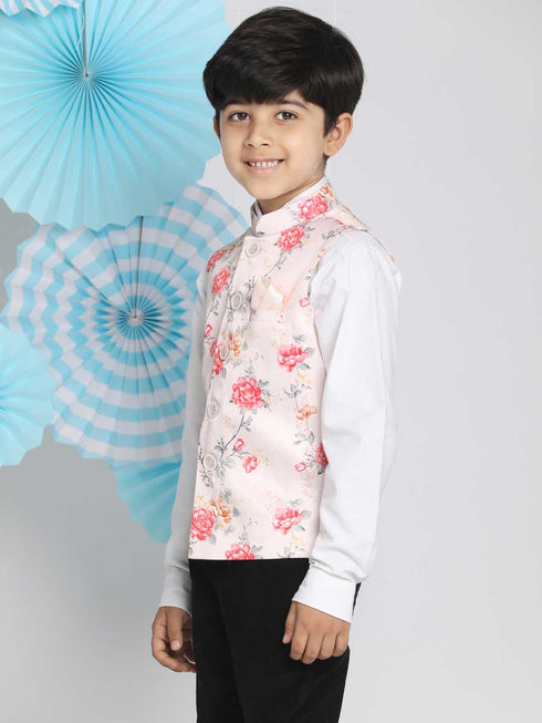 Vastramay Boys Multicolor Base Peach Floral Printed Nehru Jacket