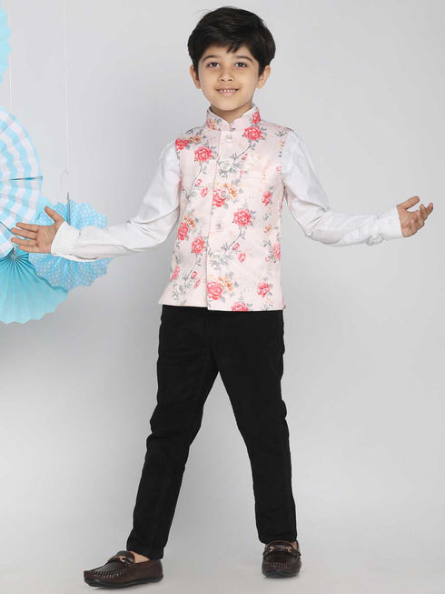 Vastramay Boys Multicolor Base Peach Floral Printed Nehru Jacket
