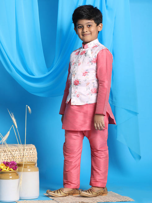 Vastramay Boy's Peach Floral Print Jacket With Pink Kurta and Pyjama Set