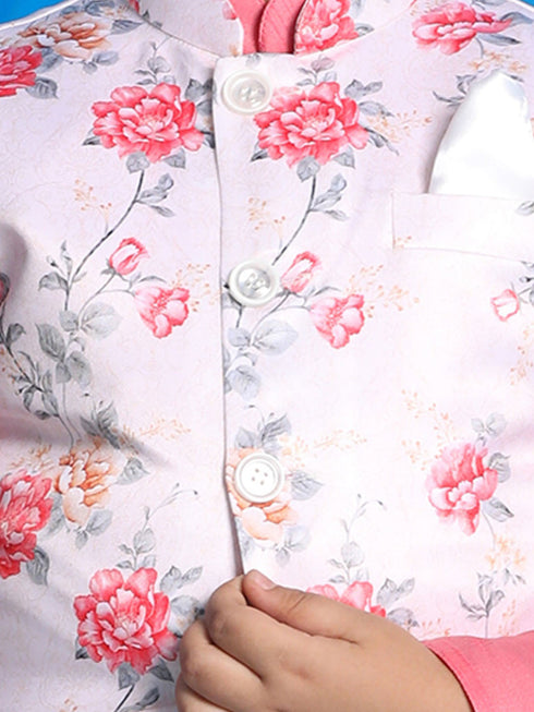 Vastramay Boy's Peach Floral Print Jacket With Pink Kurta and Pyjama Set