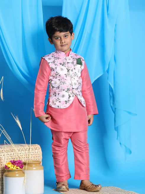 Vastramay Boy's pink Floral Print Jacket With Pink Kurta and Pyjama Set