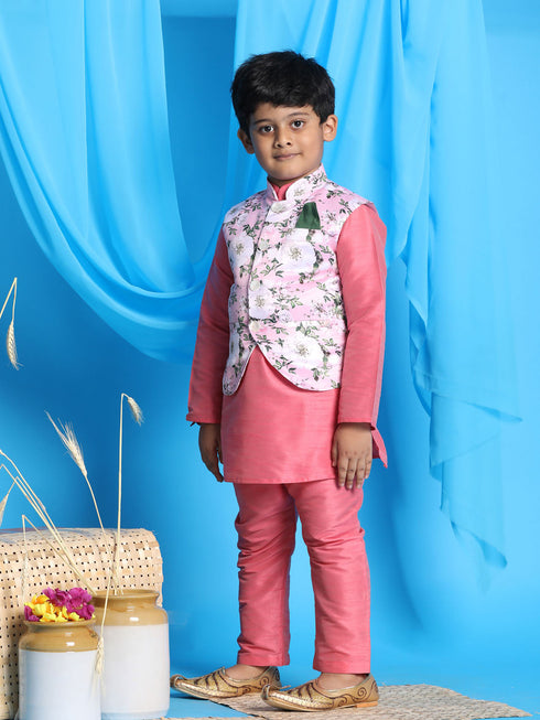Vastramay Boy's pink Floral Print Jacket With Pink Kurta and Pyjama Set