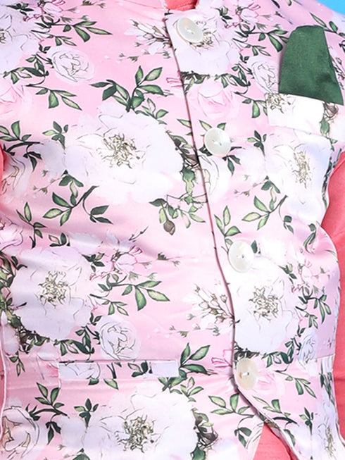 Vastramay Boy's pink Floral Print Jacket With Pink Kurta and Pyjama Set