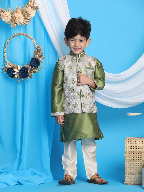 Vastramay Boy's Green Floral Jacquard Jacket With Silk Kurta and Pyjama Set