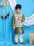 Vastramay Boy's Green Floral Jacquard Jacket With Silk Kurta and Pyjama Set