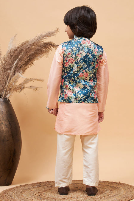 VASTRAMAY Baap Beta Silk Blend Peach Jacket With Peach Kurta Pyjama Set