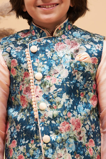 VASTRAMAY Baap Beta Silk Blend Peach Jacket With Peach Kurta Pyjama Set
