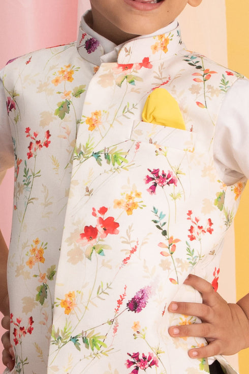 VASTRAMAY Multicolor Base Cream Floral Jacket Baap Beta Set