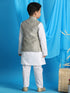 Vastramay Boy's Beige Woven Jacket With White Kurta and Pyjama Set