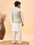 Vastramay Boy's Beige Woven Jacket With Cream Kurta and Pyjama Set