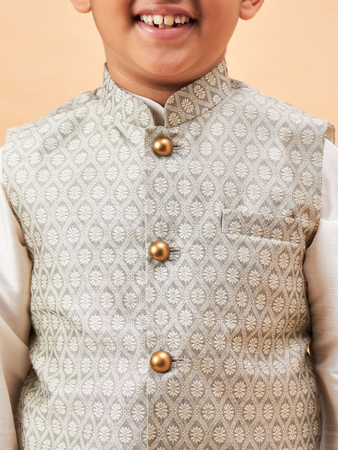 Vastramay Boy's Beige Woven Jacket With Cream Kurta and Pyjama Set
