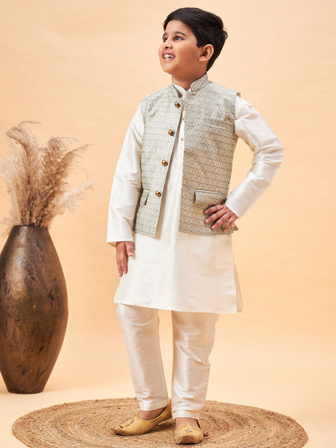 Vastramay Boy's Beige Woven Jacket With Cream Kurta and Pyjama Set
