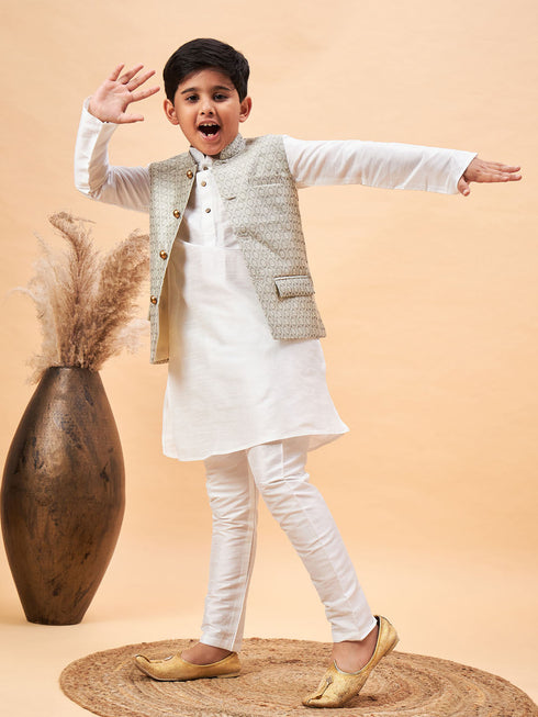 Vastramay Boy's Beige Woven Jacket With White Kurta and Pyjama Set