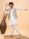 Vastramay Boy's Beige Woven Jacket With White Kurta and Pyjama Set