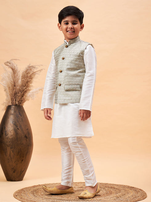 Vastramay Boy's Beige Woven Jacket With White Kurta and Pyjama Set