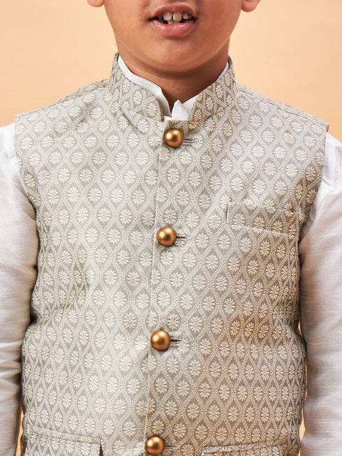 Vastramay Boy's Beige Woven Jacket With White Kurta and Pyjama Set