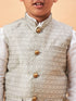 Vastramay Boy's Beige Woven Jacket With White Kurta and Pyjama Set