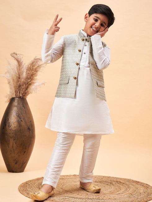 Vastramay Boy's Beige Woven Jacket With White Kurta and Pyjama Set