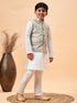 Vastramay Boy's Beige Woven Jacket With White Kurta and Pyjama Set