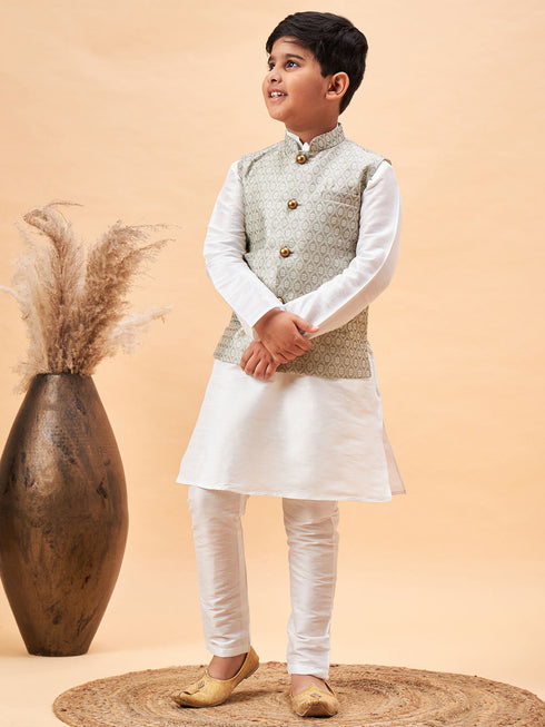 Vastramay Boy's Beige Woven Jacket With White Kurta and Pyjama Set