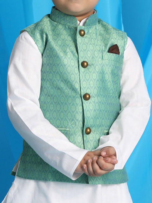 Vastramay Boy's Light Green Woven Jacket With White Kurta and Pyjama Set