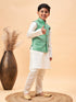 Vastramay Boy's Green Woven Jacket With Cream Kurta and Pyjama Set