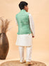 Vastramay Boy's Green Woven Jacket With Cream Kurta and Pyjama Set