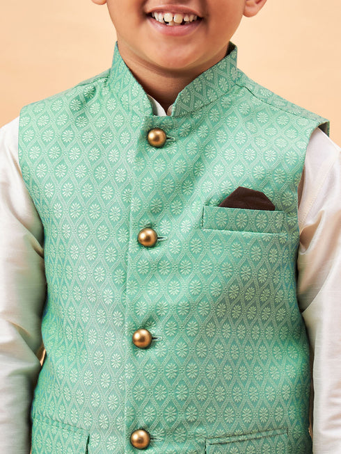 Vastramay Boy's Green Woven Jacket With Cream Kurta and Pyjama Set