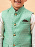 Vastramay Boy's Green Woven Jacket With Cream Kurta and Pyjama Set