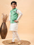 Vastramay Boy's Green Woven Jacket With Cream Kurta and Pyjama Set