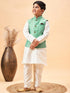 Vastramay Boy's Green Woven Jacket With Cream Kurta and Pyjama Set