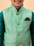 Vastramay Boy's Green Woven Nehru Jacket With Green Kurta Pyjama Set