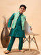 Vastramay Boy's Green Woven Nehru Jacket With Green Kurta Pyjama Set
