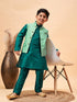 Vastramay Boy's Green Woven Nehru Jacket With Green Kurta Pyjama Set