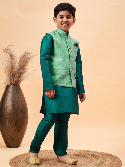 Vastramay Boy's Green Woven Nehru Jacket With Green Kurta Pyjama Set