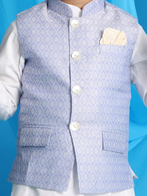 Vastramay Boy's Lavender Woven Jacket With White Kurta and Pyjama Set