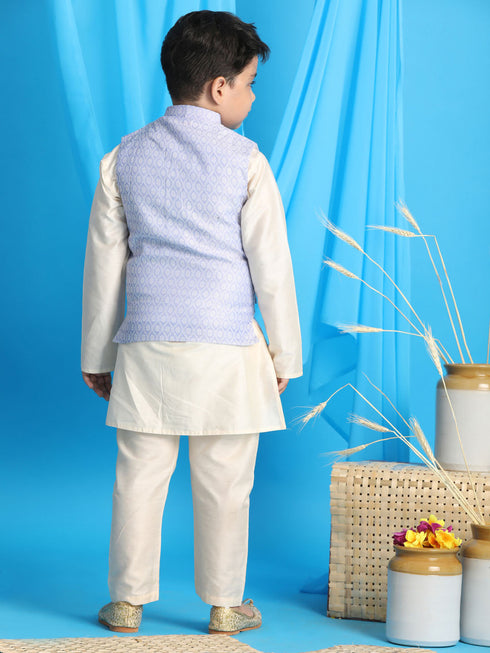 Vastramay Boy's Lavender Woven Jacket With Cream Kurta and Pyjama Set