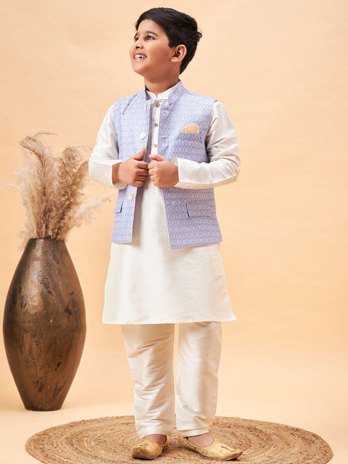 Vastramay Boy's Lavender Woven Jacket With Cream Kurta and Pyjama Set