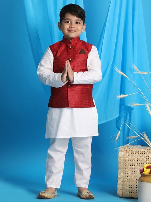 Vastramay Boy's Maroon Woven Jacket With White Kurta and Pyjama Set
