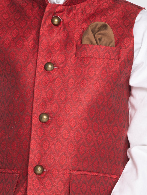 Vastramay Boy's Maroon Woven Jacket With White Kurta and Pyjama Set